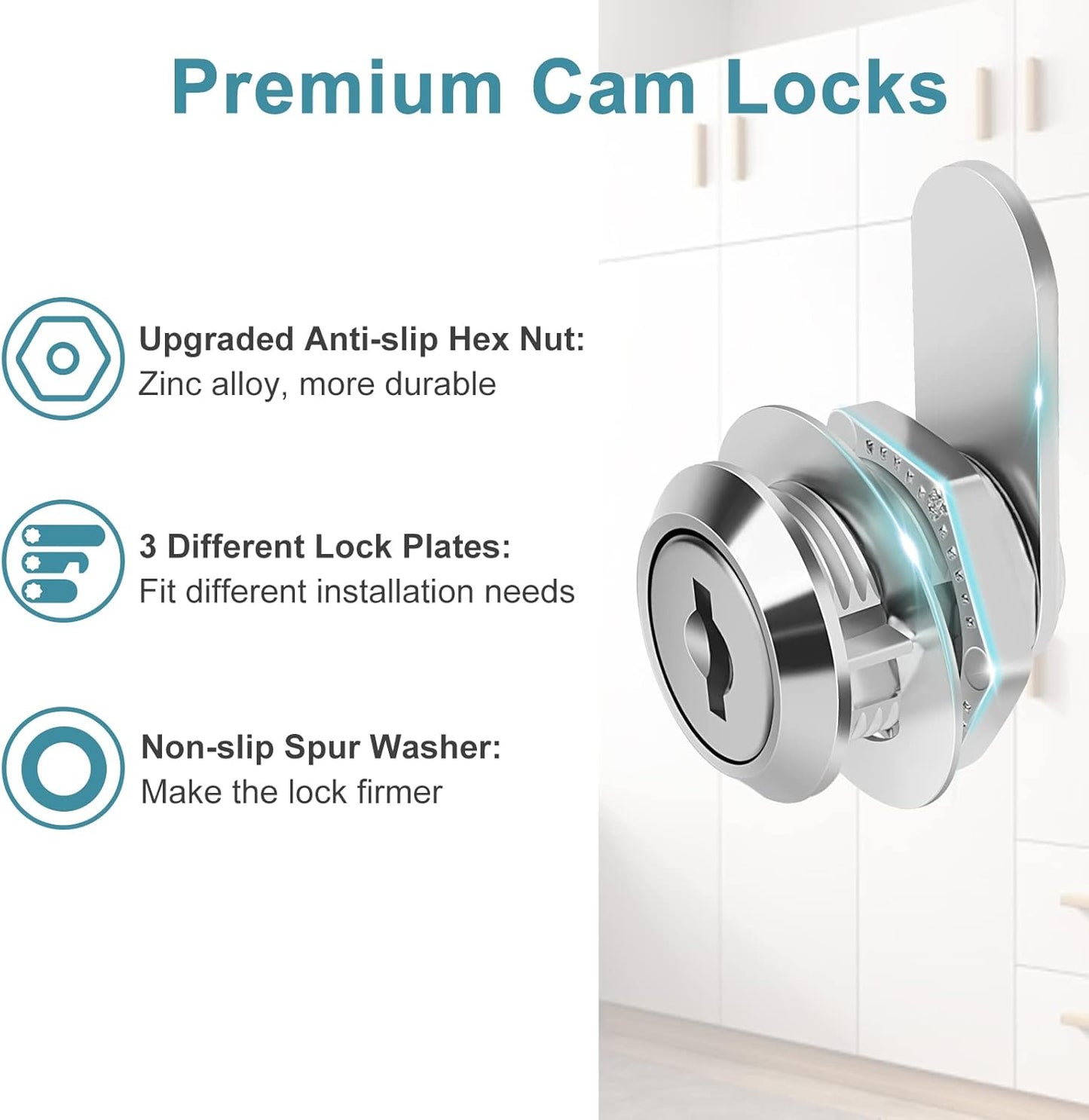 Cam Locks Cabinet Lock Keyed Alike, 5/8'' (Length) Cylinder Fits on 3/8'' Max Panel Thickness, 2pcs Secure File Drawer Mailbox RV Storage Replacement Set, Chrome-Finish Zinc Alloy