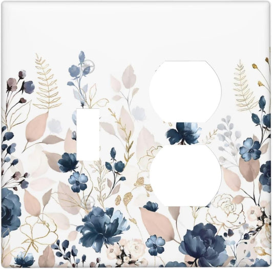 Blue Flora Boho Vintage Flower Golden Leaves Wallplates 1 Toggle 1 Duplex Switch Plate Electrical GFCI Faceplate Decorative Light Switch Covers for Bedroom Living Room Decor