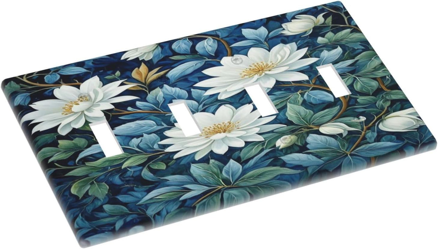 White Flowers Green Leaves Light Switch Covers Quad Toggle 4 Gang Wall Plate Decorative Switchplate Electrical Faceplate for Farmhouse Bathroom Living Decor