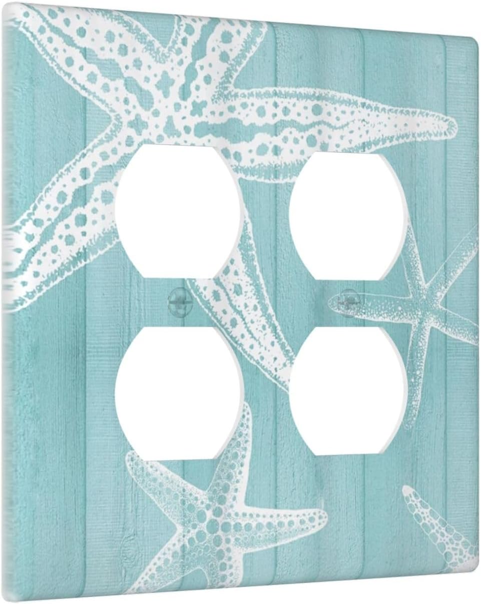 Decorative Outlet Covers Starfish Teal Wood Board Nautical 2 Gang Light Switch Cover Plate Double Duplex Wall Plates for Electrical Outlets Switch Plate Covers for Bedroom Home Decor