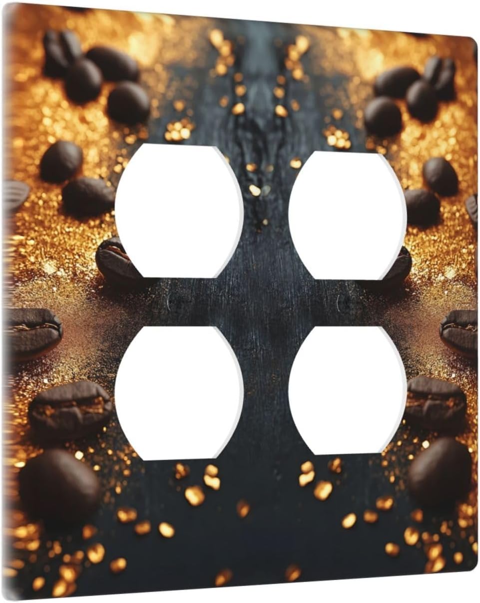 Decorative Outlet Covers Black Wood Board Gold Dust Coffee Beans 2 Gang Wall Plate Cover Double Duplex Receptacle Two Switch Light Switch Cover Plate Jumbo Face Plate