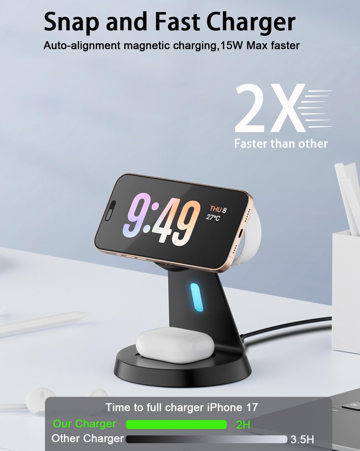 3 in 1 Wireless Charging Station for Apple Magsafe Charger Stand,Fast Magnetic Wireless Charger Station for iPhone 17 Air 16 15 14 13 12 Series,Airpods,Apple Watch