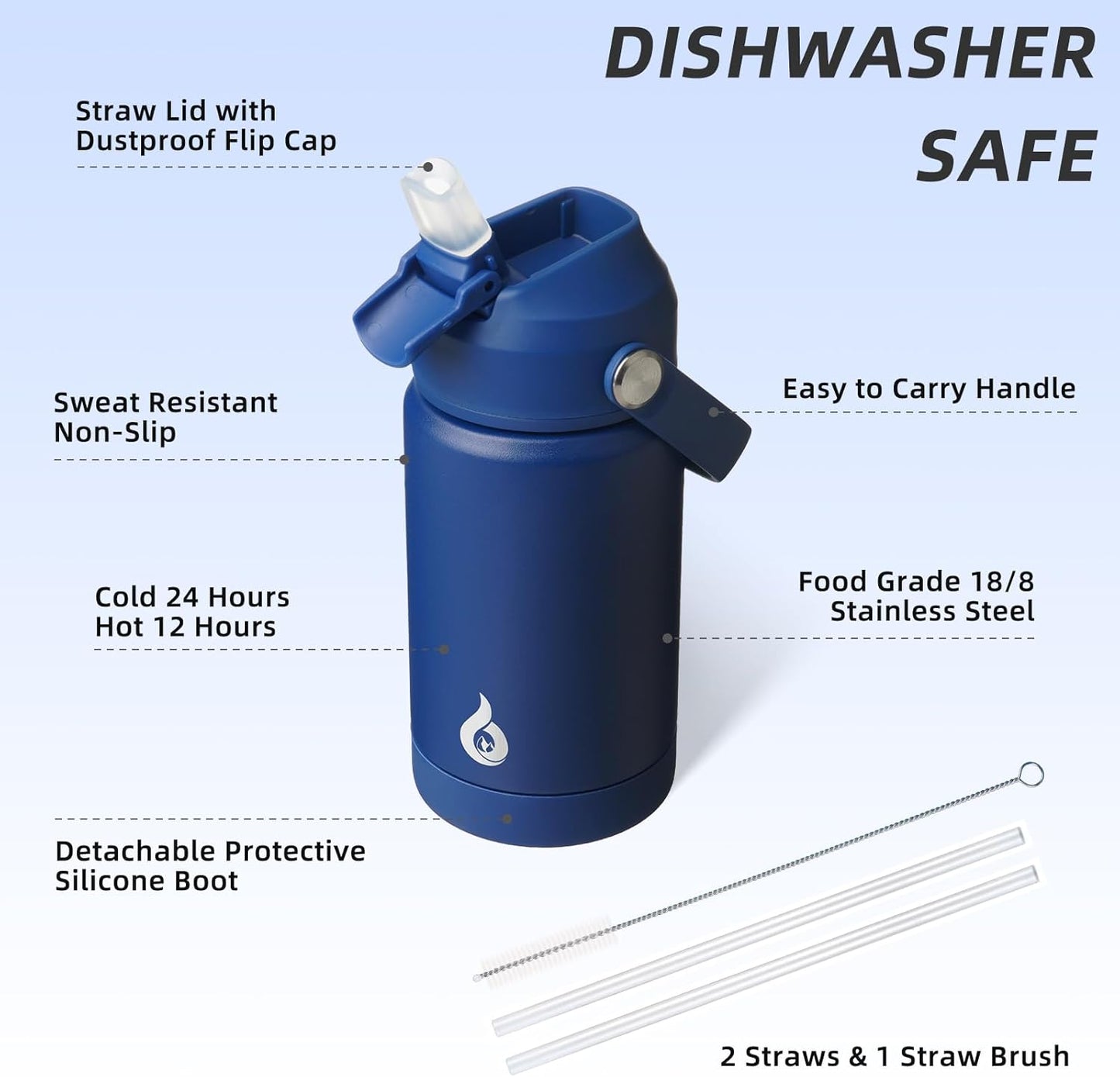 BJPKPK Insulated Water Bottle with Straw Lid, 12oz Thermo Water Bottles, Flex Handle & Non-slip Boot, BPA Free Leak Proof Stainless Steel Metal Thermo, Tumblers, Cups,Klein Blue
