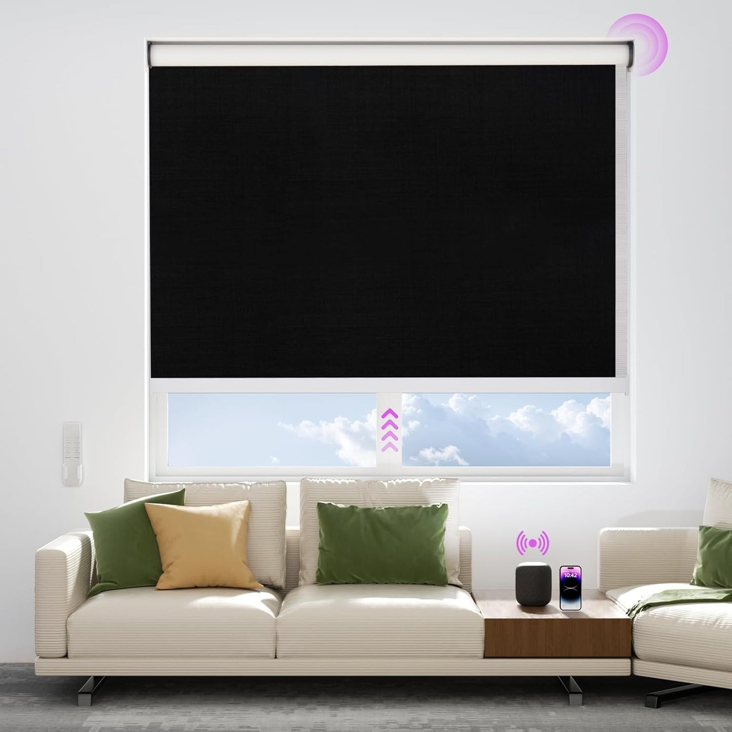 Astomi Motorized Blinds with Remote - Blackout Smart Roller Shades Compatible with Alexa & Goggle Home, Solar Rechargeable, Custom Size 22" - 100" for Indoor Window, Midnight Black