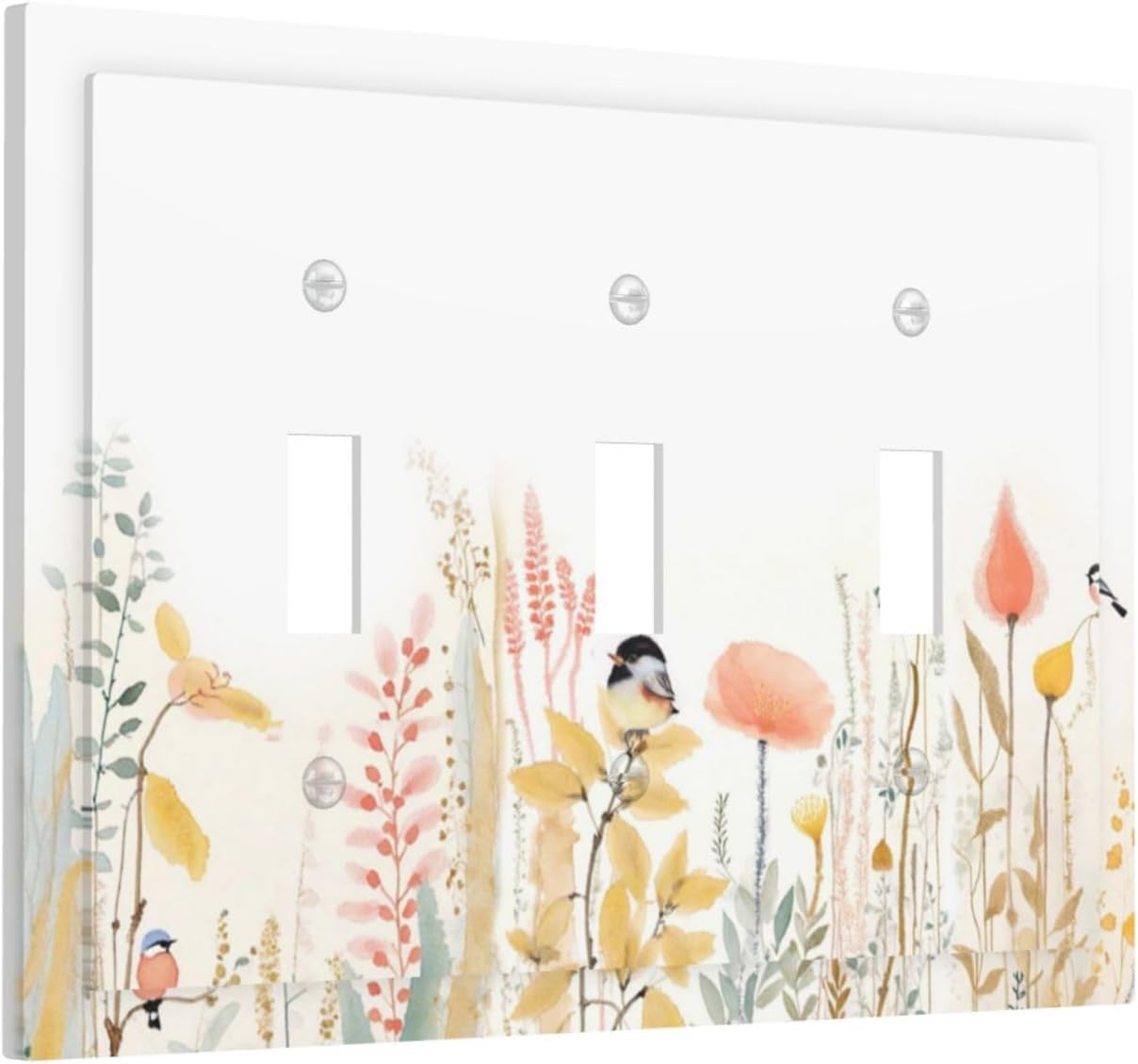 Decorative Switch Plates Colorful Floral Watercolour Cuddly Bird 3 Gang Wall Plate Triple Toggle Light Switch Cover Faceplate Electrical Wall Panels For Bed Room Living Room Decor
