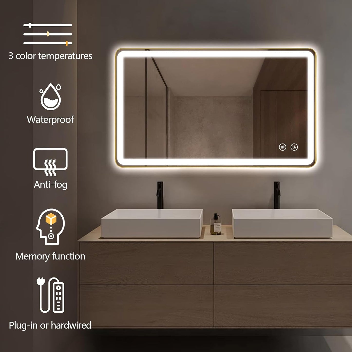 Niccy LED Bathroom Mirror, 40"x24" Rectangle Wall Mounted Vanity Mirrors with Metal Frame, Anti Fog Dimmable Smart Mirror for Bathroom/Bedroom/Livingroom/Entryway, (Horizontal or Vertical),Gold