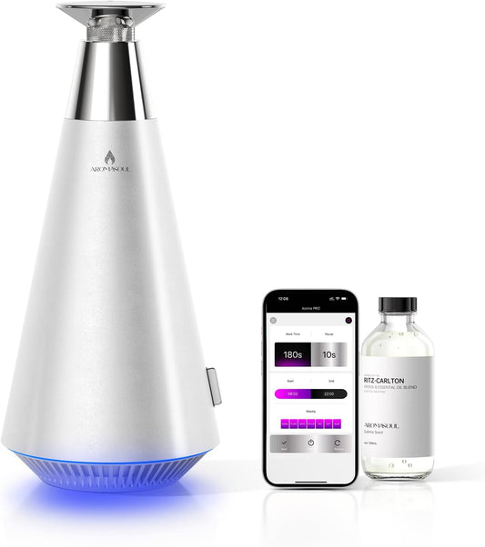 Waterless Scent Diffuser Starter Kit - 1500 Sq Ft Coverage, Alloy Atomization System,Mood Light,Smart Rechargeable Hotel Scent Diffuser, Including 120ml Essential Oil, for Home,Large Room,Spa,Silver