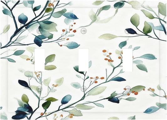 Decorative Light Switch Cover Plate Eucalyptus Leaf Geen Sage Leaves 3 Gang Wall Plates for Electrical Outlets Triple Toggle Switch Plate Covers Outlet Covers Faceplate for Bedroom Home Decor