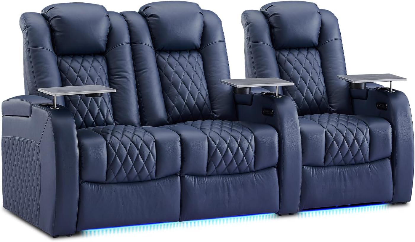 Weilianda Home Theater Seating Top Grain Leather Zero Gravity Recliner Chair Power Headrest Recline Movie Seat Gaming 7 Colors Mood Light Sofa with Tray Table USB Charge Row of 3 Loveseat Left Blue