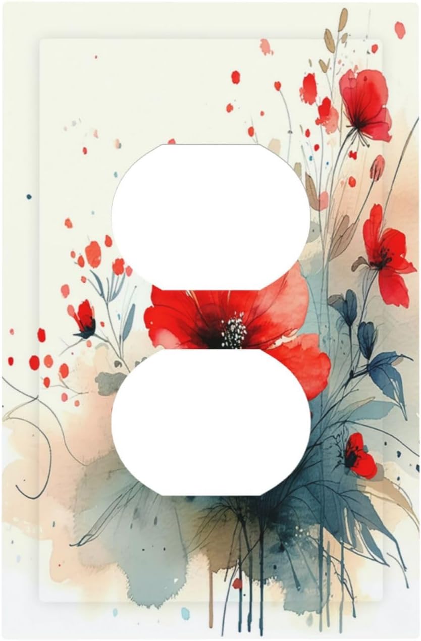 Vintage Floral Red Watercolor Modern Outlet Covers 1 Gang Duplex Light Switch Cover Wall Plate Decorative Switch Plates Electrical Receptacle Faceplate for Bedroom Bathroom Decor