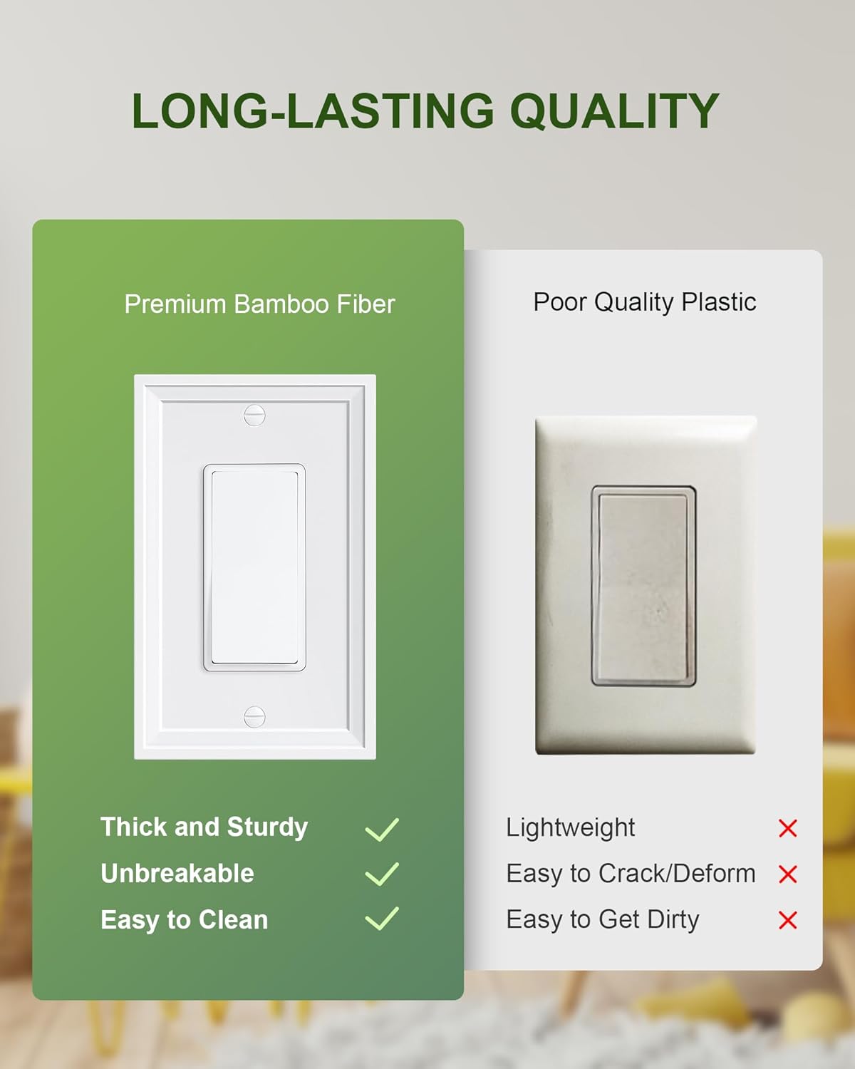 2-Pack Decorator Outlet Cover Plate, White Decorative Switch Plates and Outlet Covers, Natural Bamboo Fiber Wall Plates for Electrical Outlets, Receptacle, GFCI Outlet, Dimmer Switch