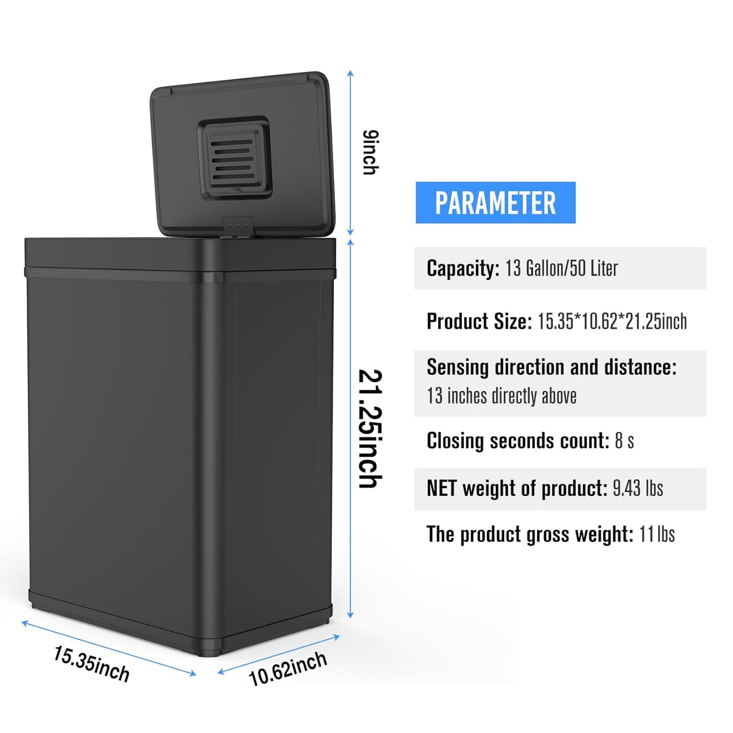 50L / 13 Gallon Smart Automatic Trash Can with Deodorizer Compartment, Stainless Steel Body and Mute Sensor Lid for Kitchen Office Living Room and More, Assemble Large Capacity Garbage Can - Black