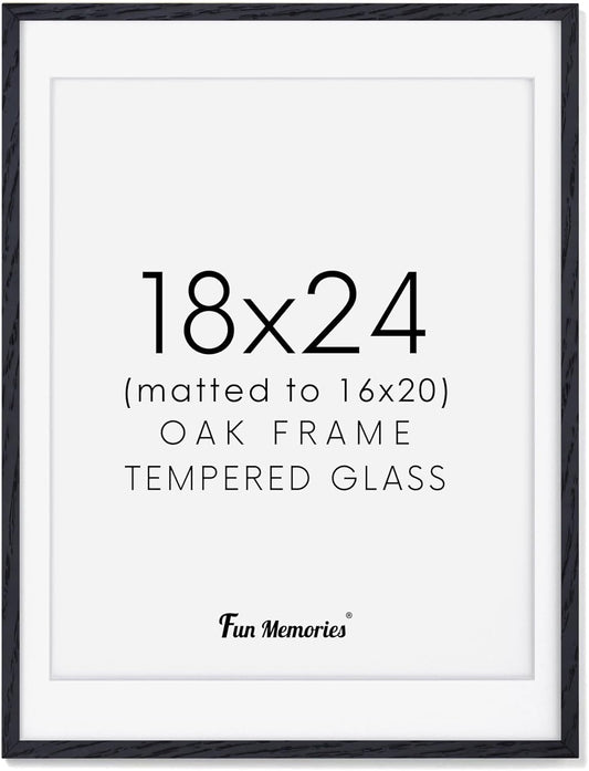 Fun Memories 18x24 Picture Frame Black, Rustic Oak Wood 18 x 24 Poster Frames, Tempered Glass, 18x24 Frame with Mat for 16x20, Minimalist Wood 18 by 24 Frames, 18"x24" Art Frame, 1 Pack