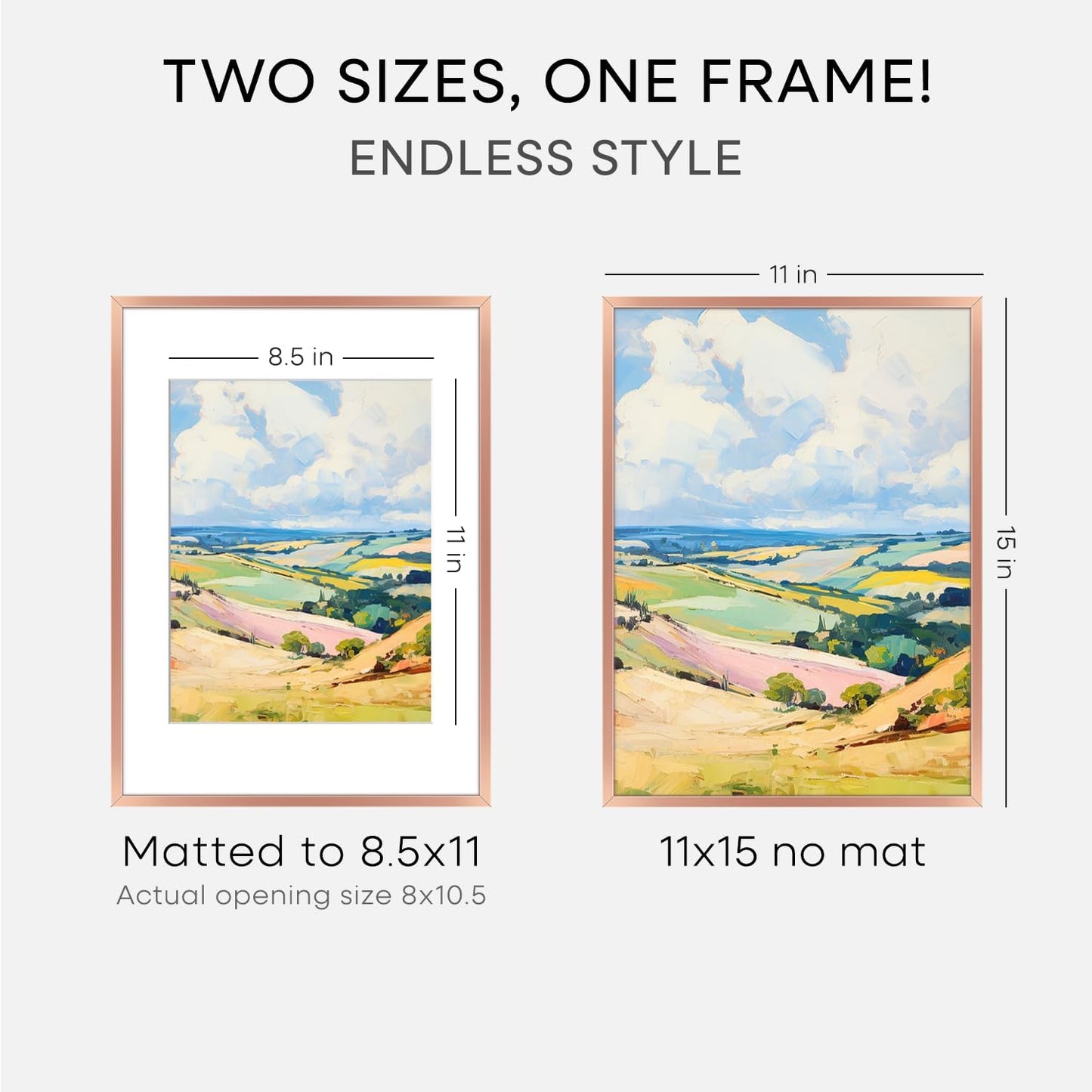 Homeforia 11x15 Picture Frame Rose Gold, High End Metal 11x15 Wall Hanging Frame with Mat 8.5x11, 11 x 15 Poster Frames Matted to 8.5 x 11 inch Photo, 11by15 Frames, Tempered Glass, Wall Kit, Set of 1