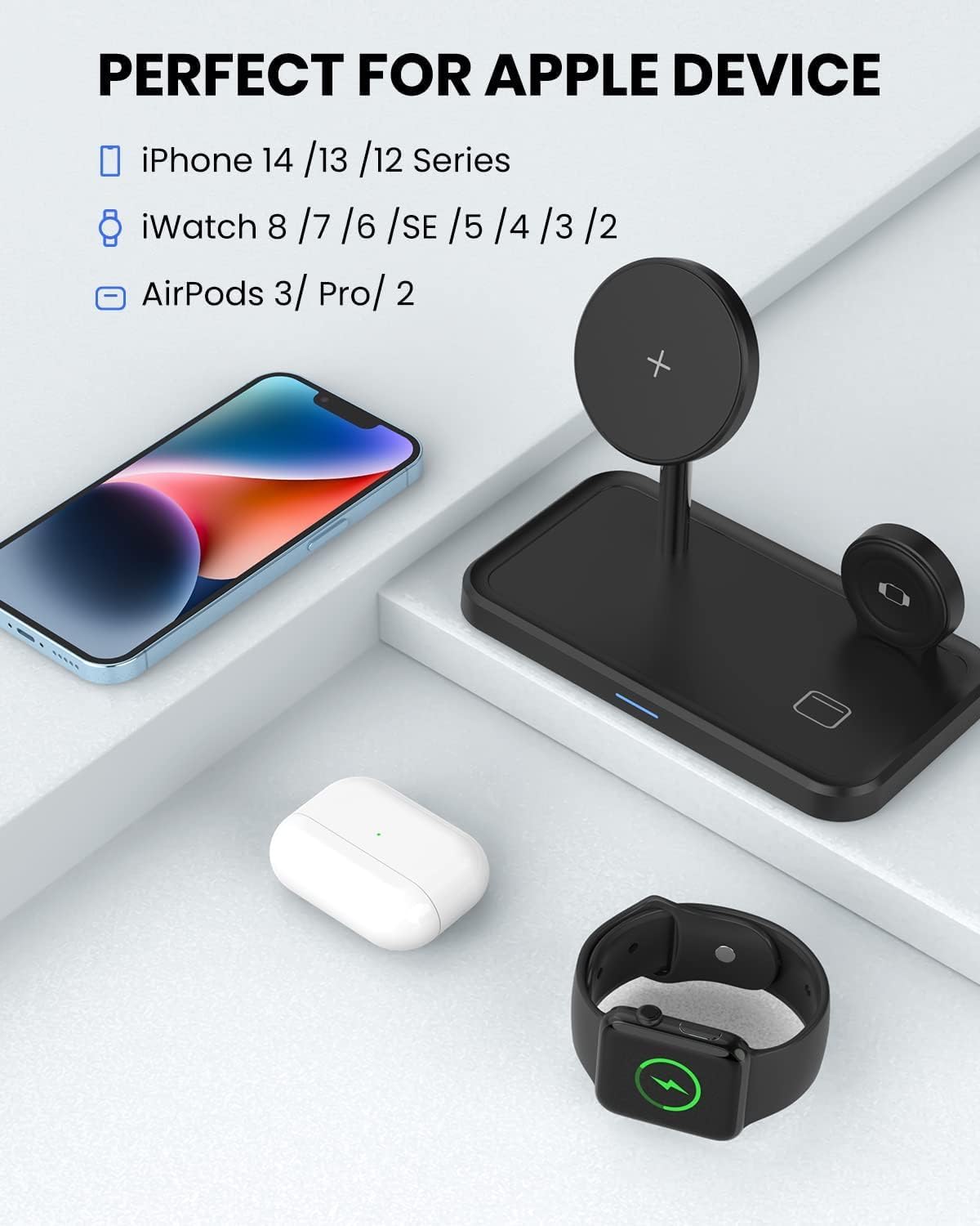 Wireless Charging Station for Apple Mag-Safe: JoyGeek 3 in 1 Magnetic Foldable Charger Stand for iPhone 16 15 14 13 12 Pro Max Plus - Apple Watch 10 9 8 7 6 5 4 SE - AirPods Pro 2/3/4