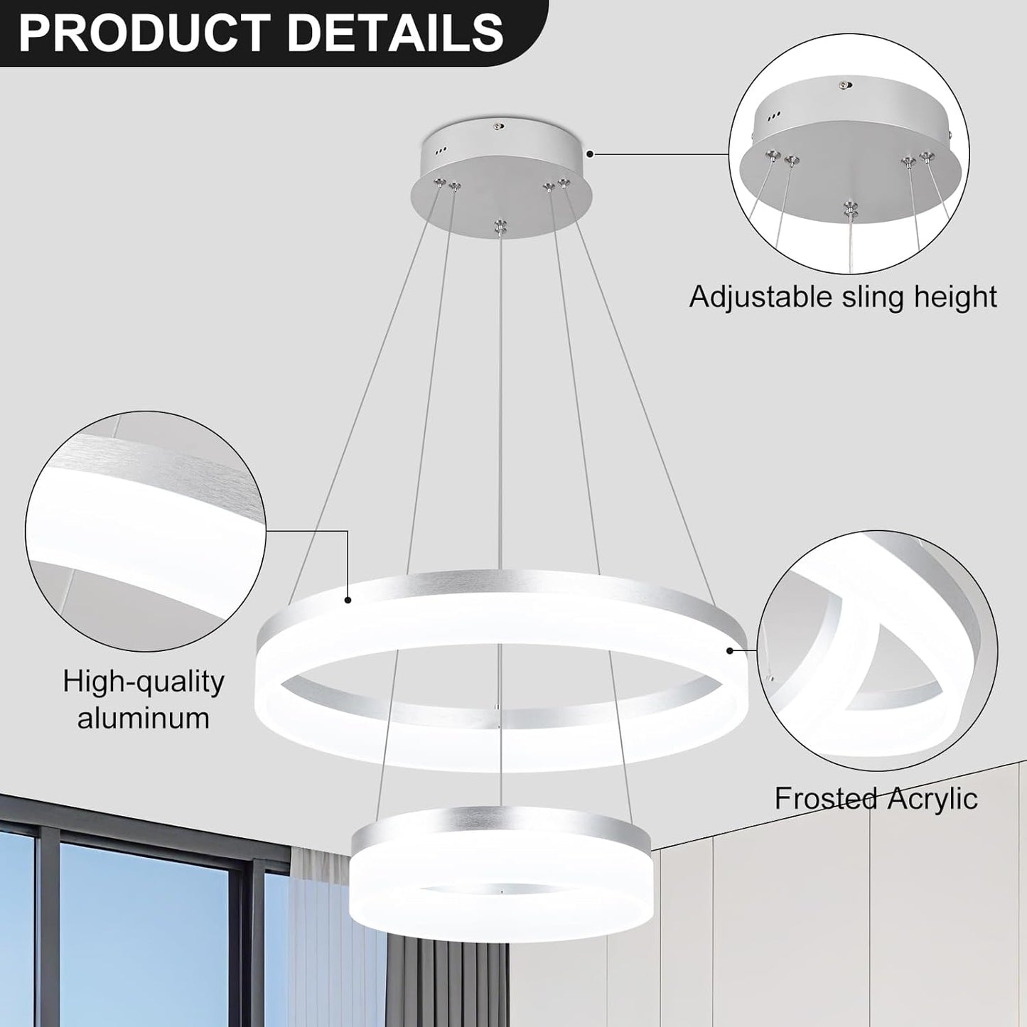 Buccleuch 2-Ring Modern LED Chandelier - Dimmable Silver Round Pendant Light, Height Adjustable ETL-Certified Ceiling Light for Dining Room, Kitchen Island, Living Room, Bedroom, Foyer