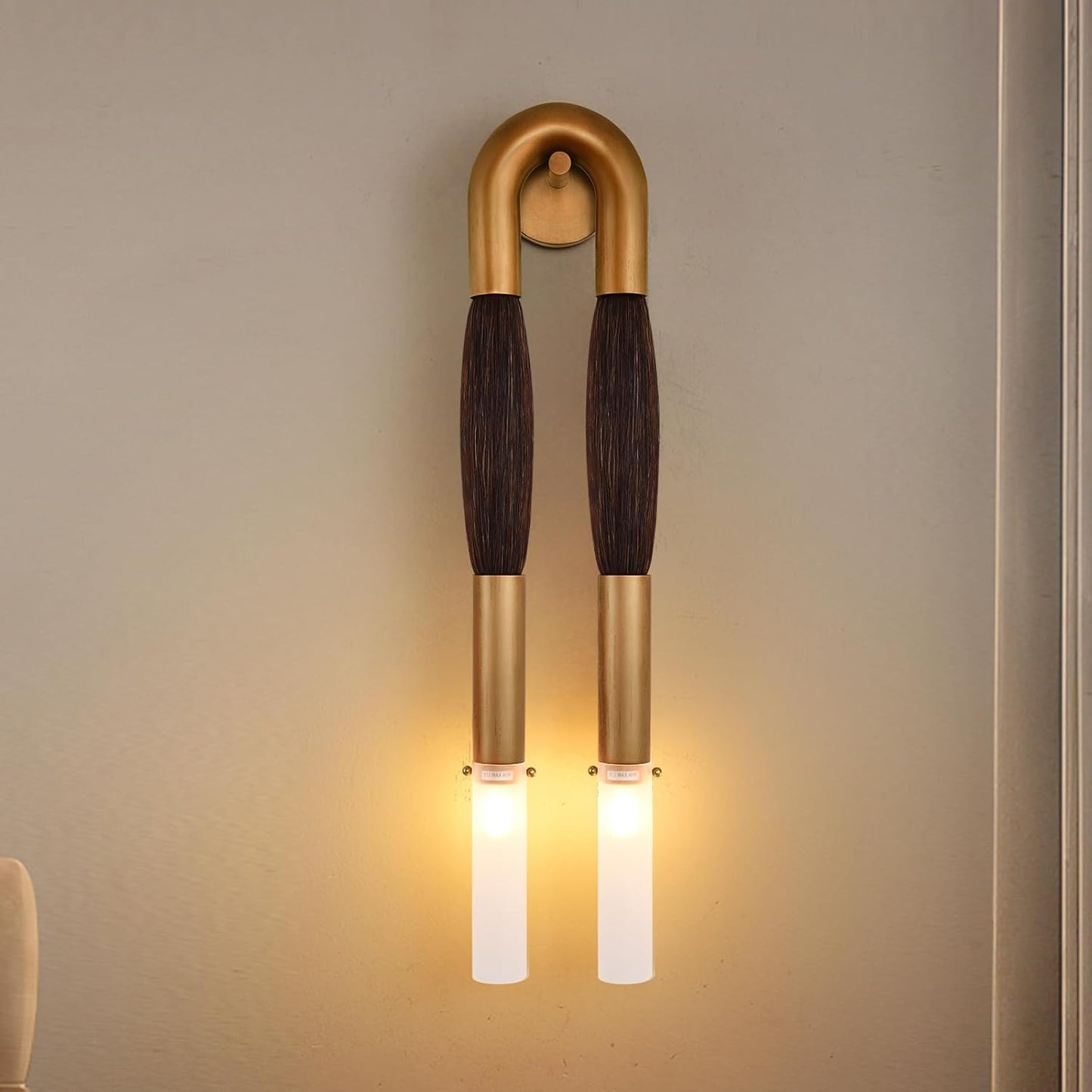 30 Inch Brass Wall Sconce, Decorative Natural Brown Horsehair Vintage sconces Wall Decor with Frosted Glass Shade, Mid-Century Modern Wall Lights for Hallway, Bedroom or Living Room.