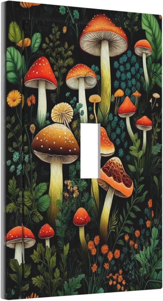 Decorative Light Switch Plate Covers Boho Red Mushroom Green Leaf Plants Floral 3 Gang Wall Plate Switch Cover Plate Triple Toggle Jumbo Electrical Faceplate for Bedroom Home Decor