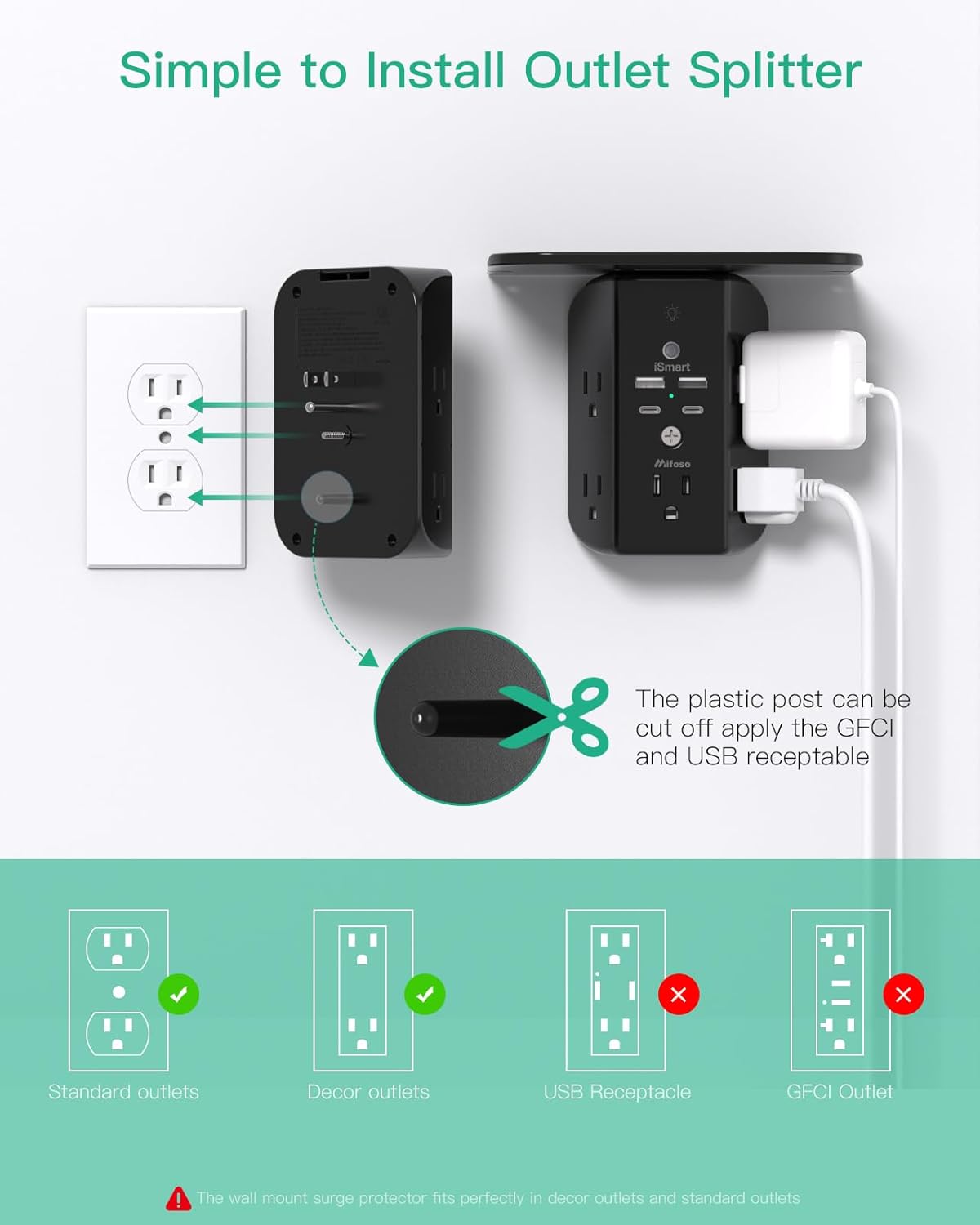 Wall Outlet Extender with Shelf and Night Light, Surge Protector, USB Wall Charger with 5 AC Outlets and 2 USB A Ports 2 USB C Ports Wide Space 3-Sided Power Strip Multi Plug Outlets, Black