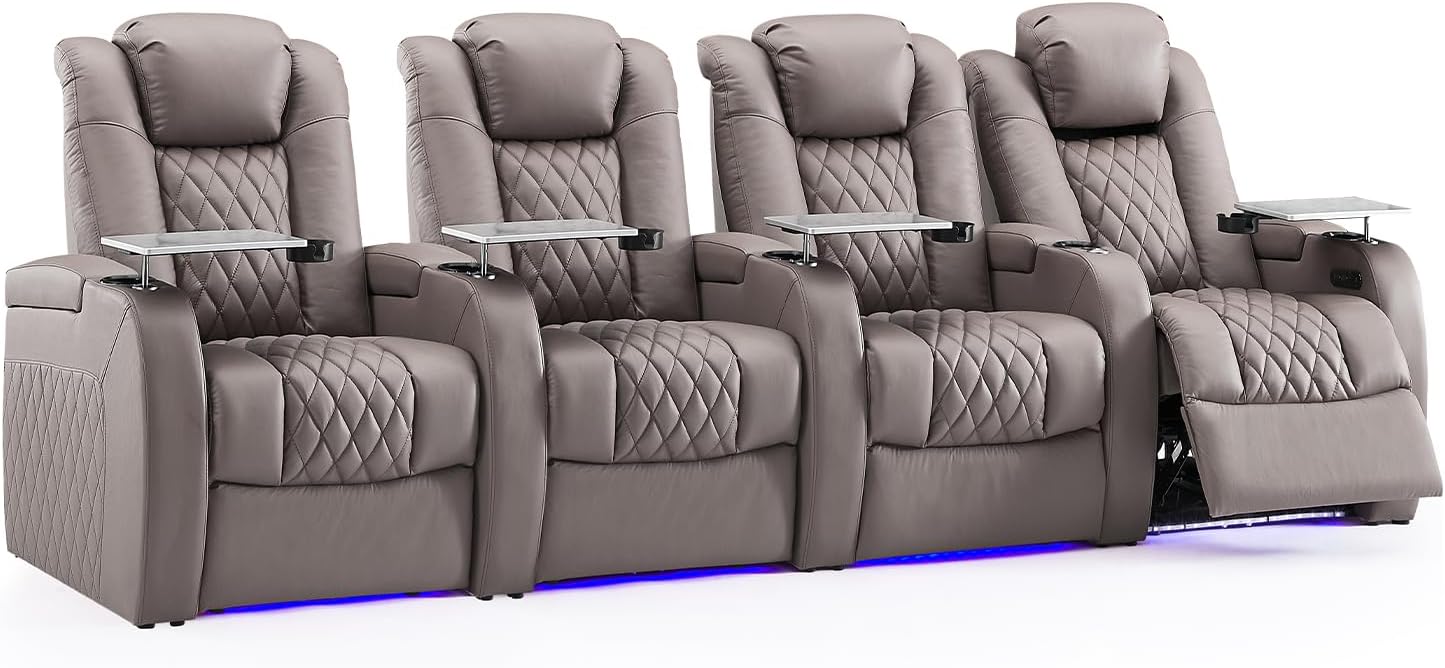 Weilianda Home Theater Seating Top Grain Leather Zero Gravity Recliner Chair Power Headrest Recline Movie Seat Gaming 7 Colors Mood Light Sofa with Tray Table USB Charge Row of 4 Grey
