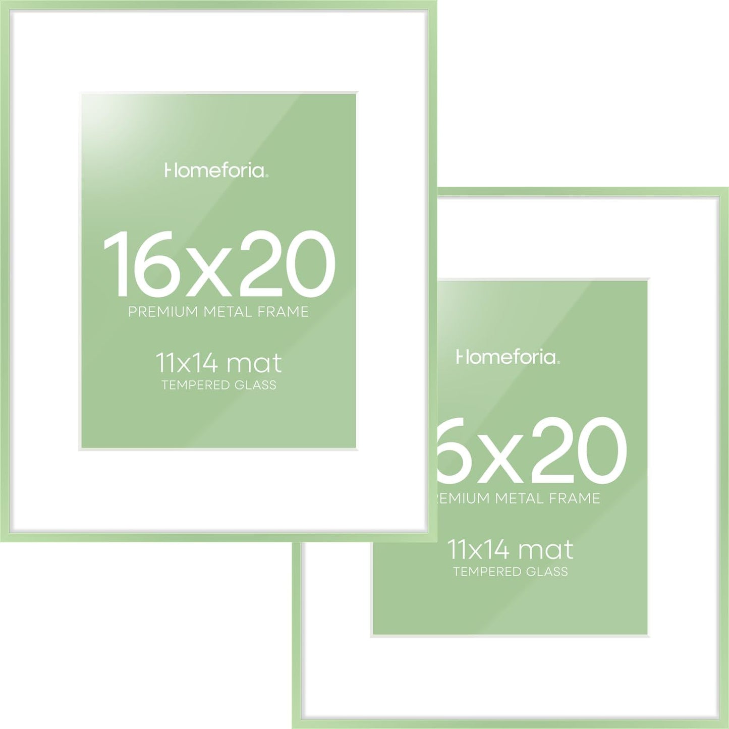 Homeforia 16x20 Sage Green Picture Frame, High End Metal 16x20 Poster Frame with Mat 11x14 inch Photo, 16 x 20 Sage Green Frame Matted to 11 by 14 Art, 20x16 Frame, Tempered Glass, Wall Kit, Set of 2