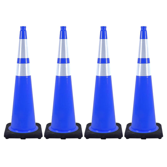 4 Pack 36 Inch Blue Traffic Cones Black Base, Tall Durable Safety Cones for Driveway Control, Event Organization, Construction Zones (4, Blue, 36 Inch)