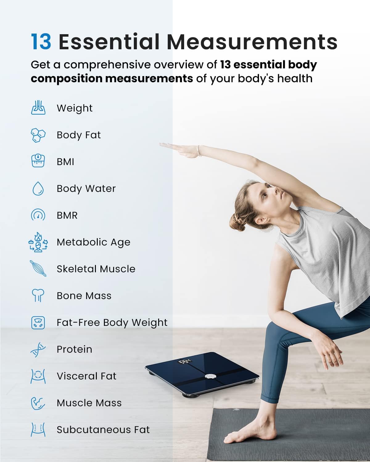 FITINDEX Wi-Fi Scale for Body Weight, Smart Scale with BMI, Body Fat, Muscle Mass, Digital, Bluetooth, Bathroom,13 Body Composition Analysis Health Monitor