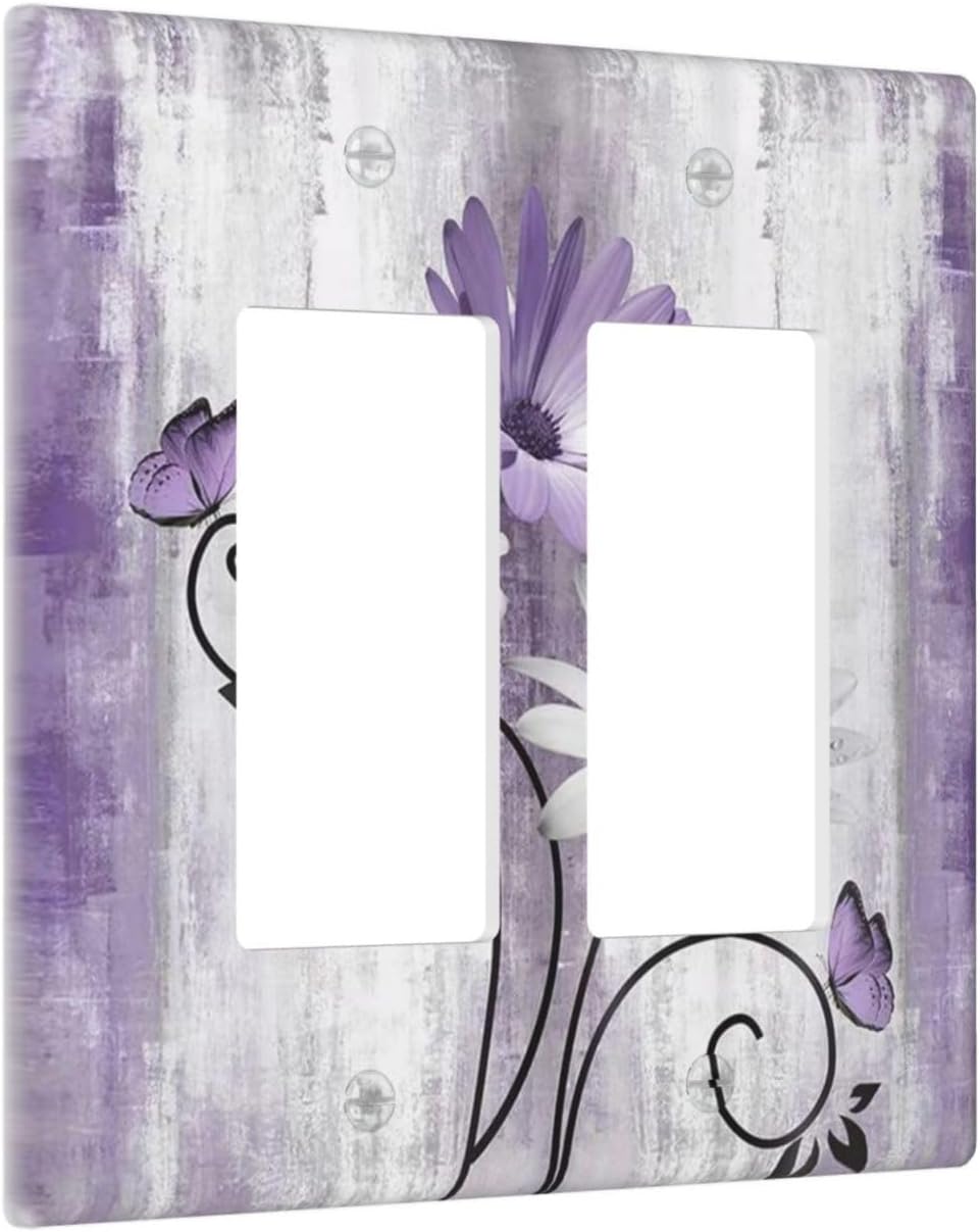 Decorative Outlet Covers Rustic Purple Daisy Grey Flowers 2 Gang Wall Plate Double Rocker Two Switch Wall Cover Plate Light Switch Cover Plate Faceplate for Country Bedroom Home Decor