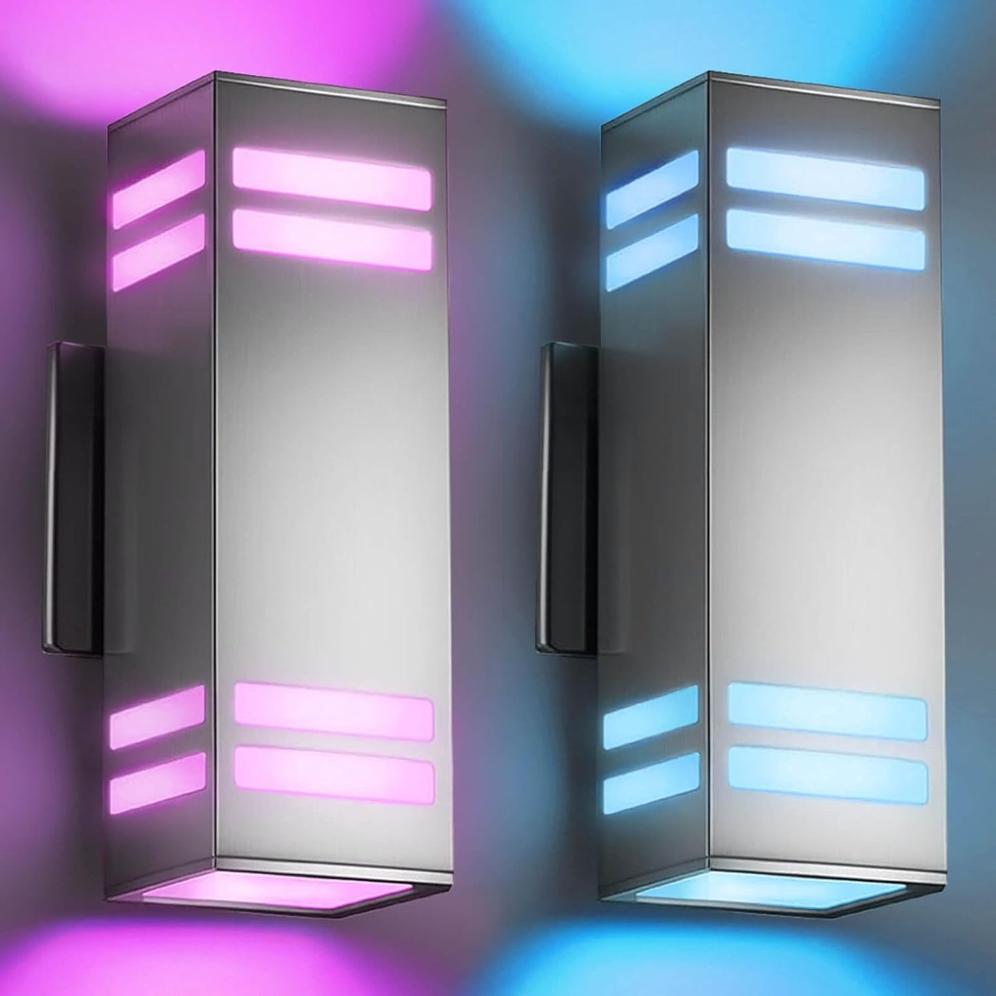 SHIMR Smart Outdoor Wall Lights 2 Pack, RGB Color Changing WiFi & Bluetooth Sconce, Stainless Steel, Dusk to Dawn Sensor, Waterproof Exterior Lighting Fixture with E26 Base, Work with Alexa & Google