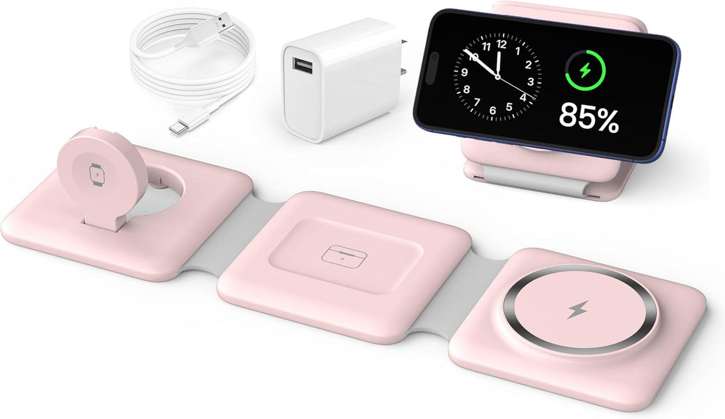 Charging Station for Apple Multiple Devices: 3 in 1 Foldable Magnetic Wireless Charger Stand - Travel Charging Dock Compatible with iPhone 16 15 14 13 12 Pro Max Plus Apple Watch AirPods