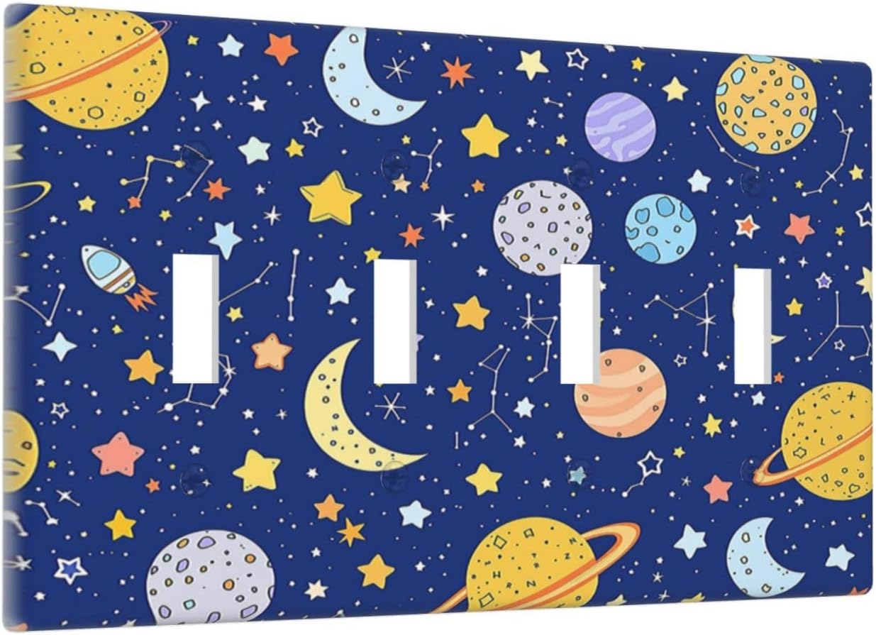 Stars Starry Night Sun Moon Planet Constellations Light Switch Covers Quad Toggle 4 Gang Wall Plate Decorative Switch Plates Electrical Faceplate for Bedroom Bathroom Decor