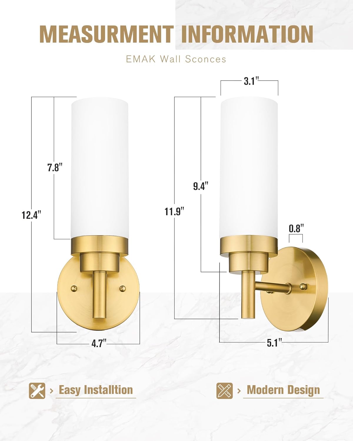 Emak Wall Sconces Set of 2, Modern Brushed Gold Bathroom Vanity Sconce Wall Lighting with Milk Glass Shade for Bathroom, Bedroom, Living Room, Hallway, WS085-BGD-ML-2PK