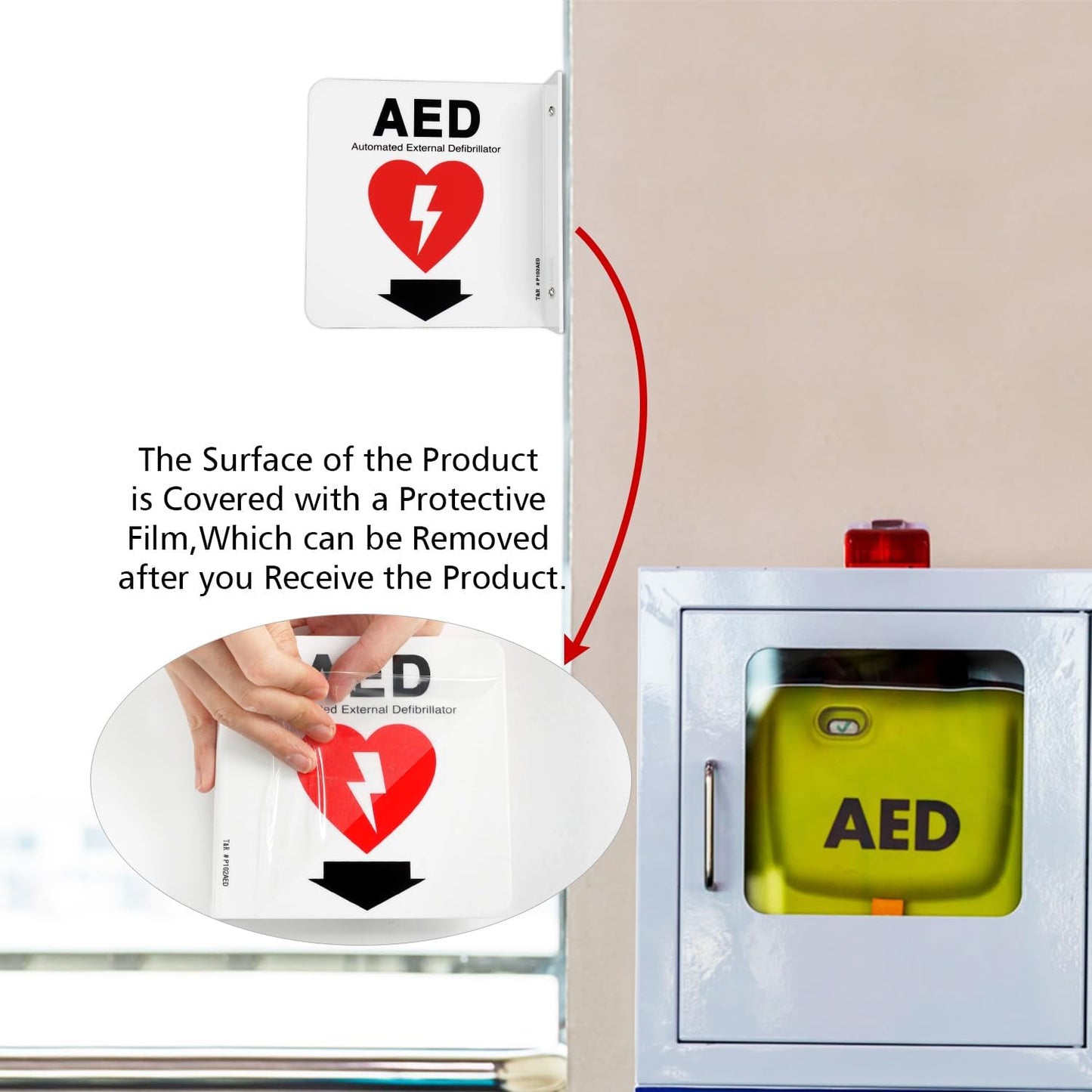 T&R AED Sign, Automated External Defibrillator with Down Arrow - 8 Pack - 6 x 6 Inches Acrylic, 2 pre-drilled holes, Includes Matching Screws, Use for Office/Business