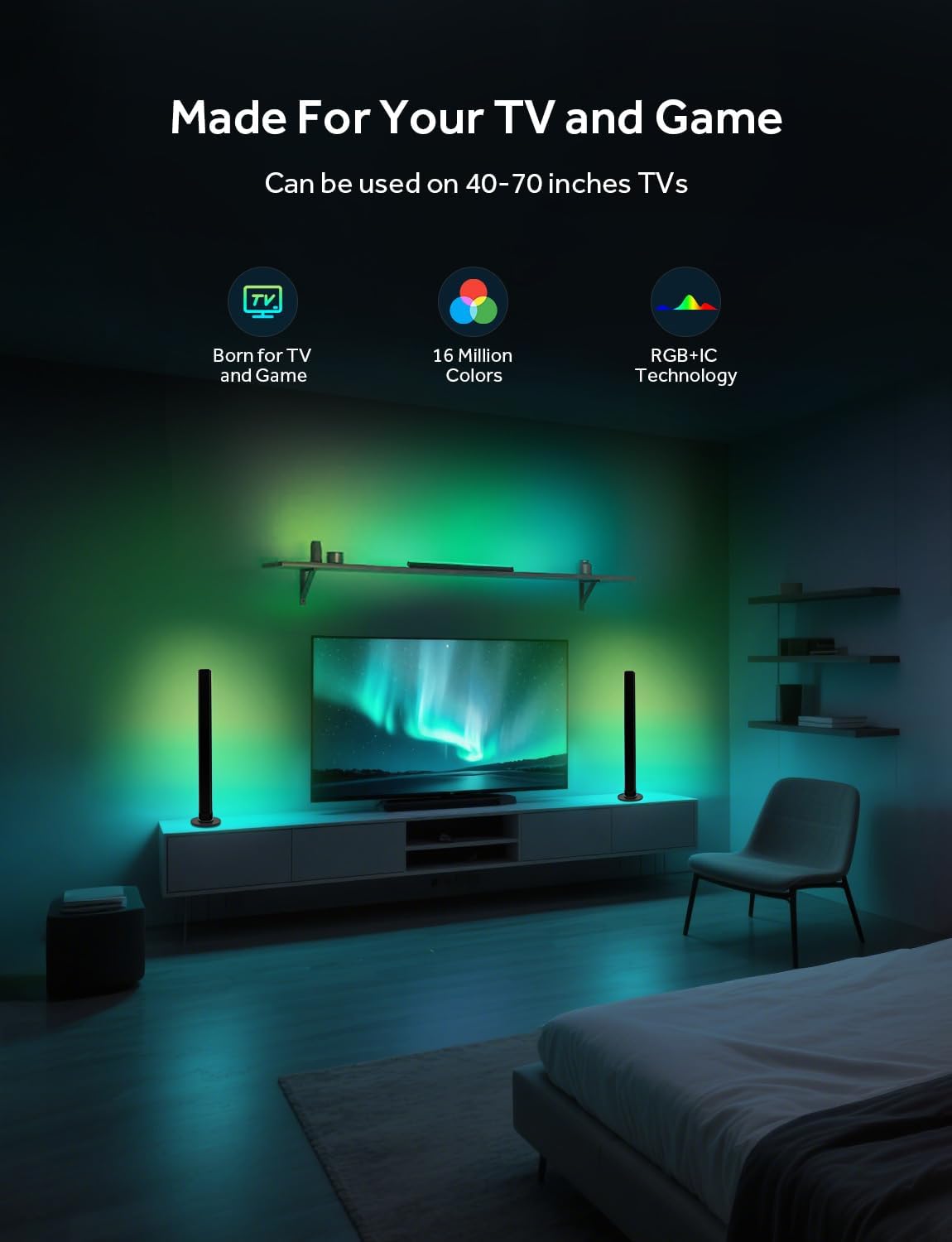 Smart LED Light Bars, RGB Light Bar for Room, 16 Million Colors & 213 Preset Modes Gaming Lights, Remote Control & App Control, Dynamic Music Sync Mode TV Backlight, USB Powered Ambient Lighting