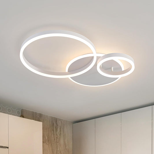 O'NEELDY Modern 3 Ring LED Chandelier Lamp Fixture White 25.59''Dimmable Acrylic Flush Mount Ceiling Lights with Remote Control Ideal for Small Room, Kitchen, Bedroom