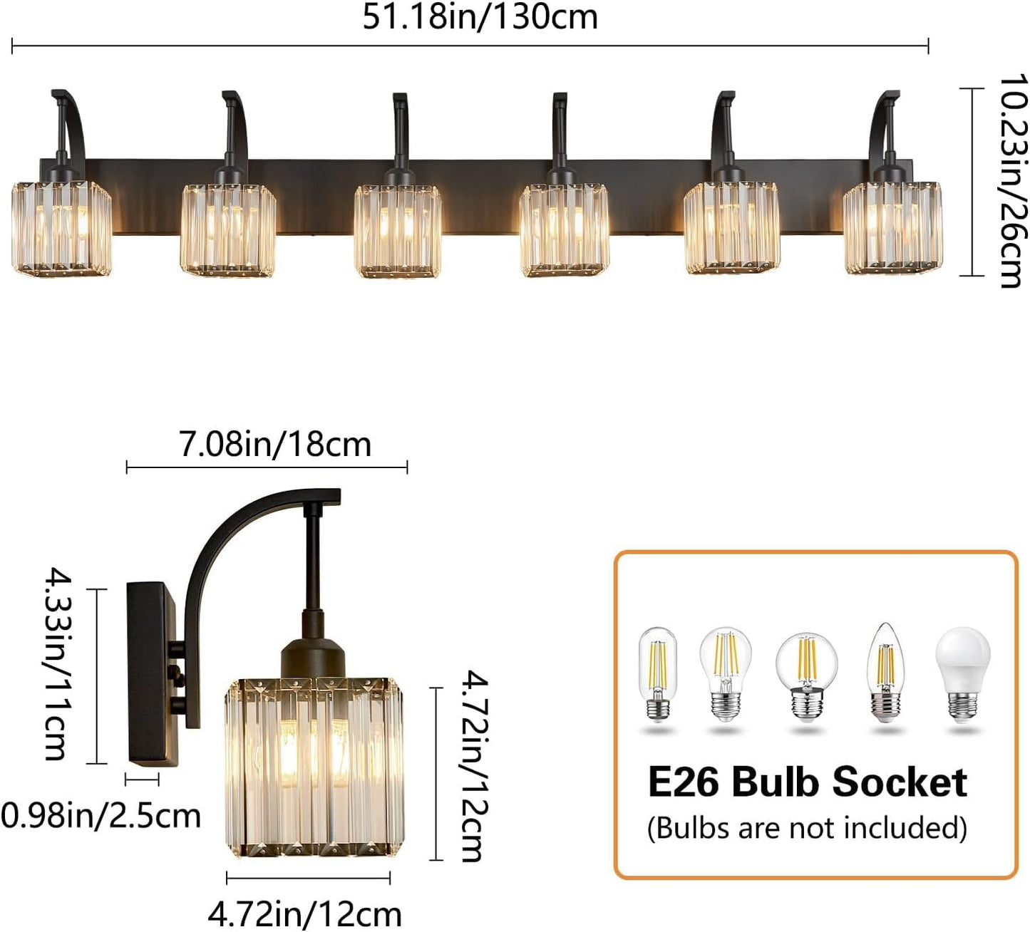 Crystal Vanity Lights 6-Light Black Bathroom Vanity Lights Modern Crystal Bathroom Light Fixtures Over Mirror 51.18" Long Vanity Light for Bathroom