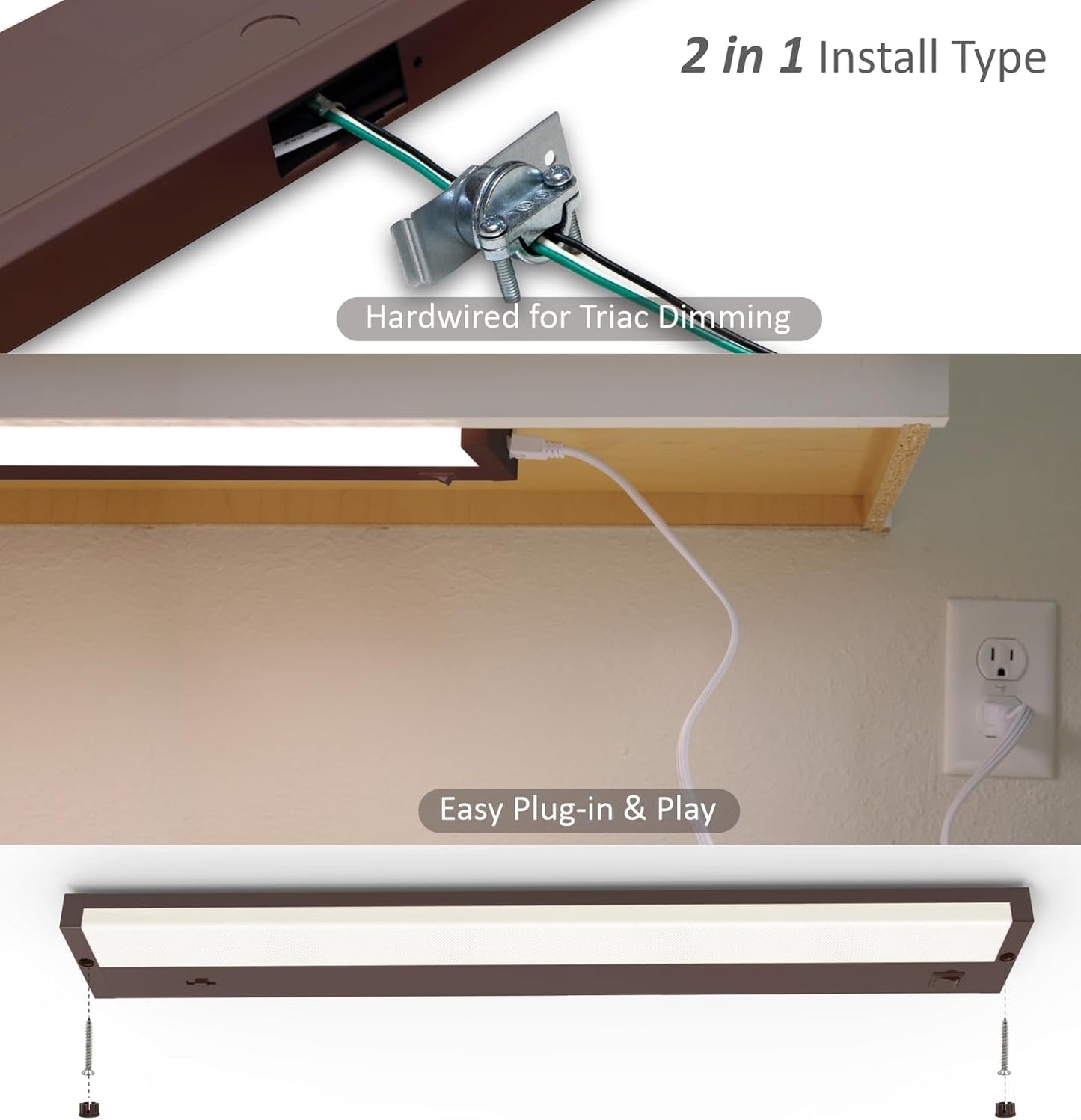 LED Under Cabinet Lighting Hardwired or Plug in, 18 Inch 9W, Dimmable 5 Color 2700K/3000K/3500K/4000K/5000K, Linkable Eyes Care Design Counter Lights for Kitchen, Sink, ETL Listed, Bronze