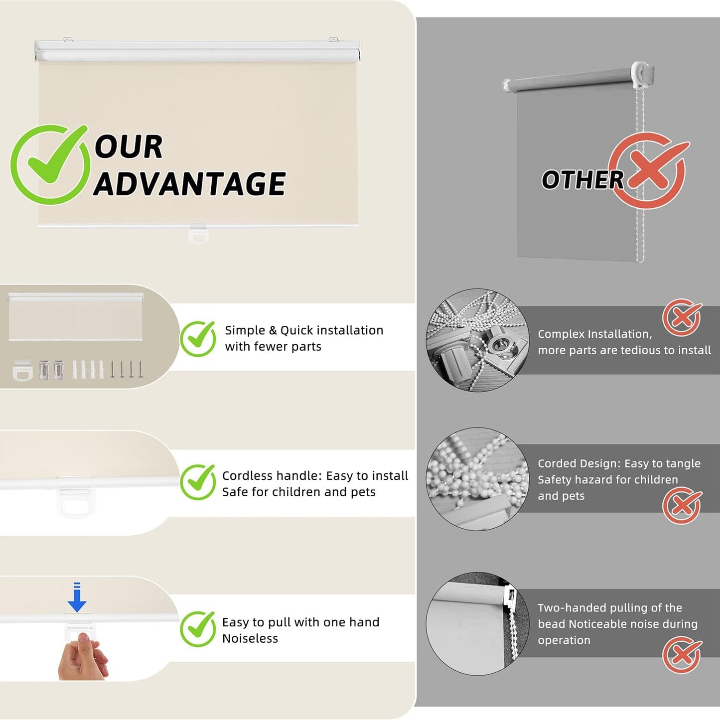ChrisDowa Cordless Blackout Roller Shades for Windows, Thermal Insulated UV Protection Pull Down Shades, Total Blackout Window Blinds for Home, Office, Bedroom, Door (20" W x 72" H, Beige)