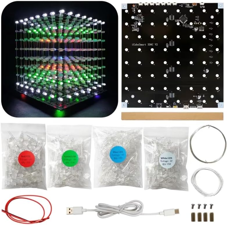 8x8x8 LED Cube Kit DIY Electronic Kit Soldering Project Kit, User Needs to Solder The LED, and The Displayed Content Can Be Modified. (MULTI4)