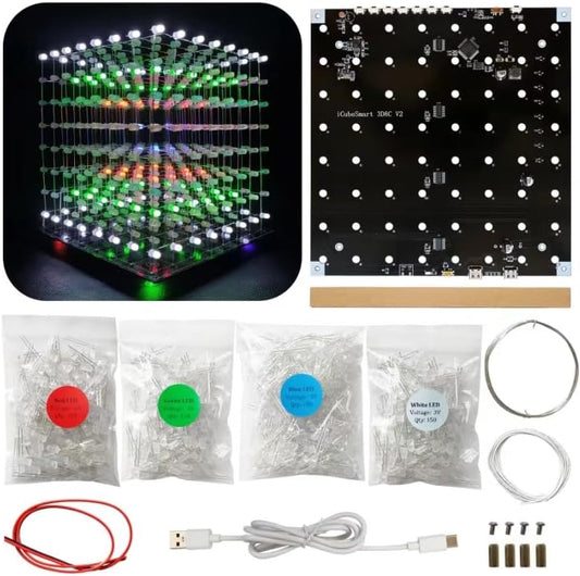 8x8x8 LED Cube Kit DIY Electronic Kit Soldering Project Kit, User Needs to Solder The LED, and The Displayed Content Can Be Modified. (MULTI4)