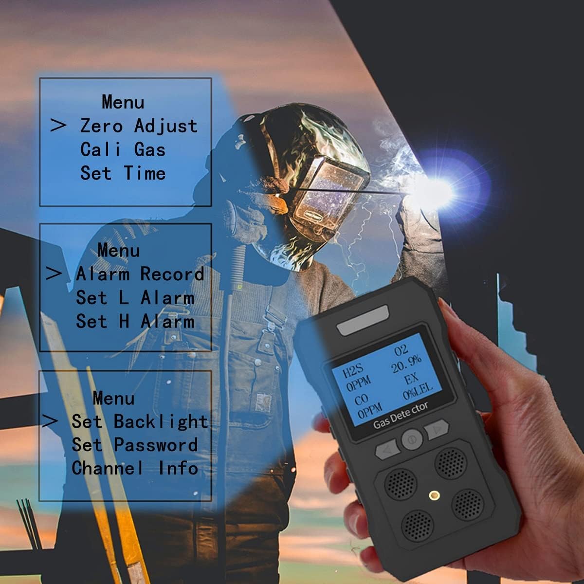 4 Gas Monitor Rechargeable Portable Gas Detector H2S O2 CO and LEL Multi Gas Monitor Professional Gas Sniffer with LCD Display Sound Light Vibration Alarm Mode.