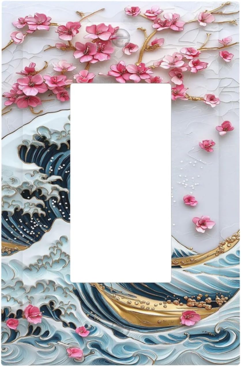 Decorative Outlet Covers The Great Wave Off Kanagawa With Sakura 1 Gang Single Rocker Light Switch Cover Plate Wall Plates GFCI Faceplate for Bedroom Bathroom Decor