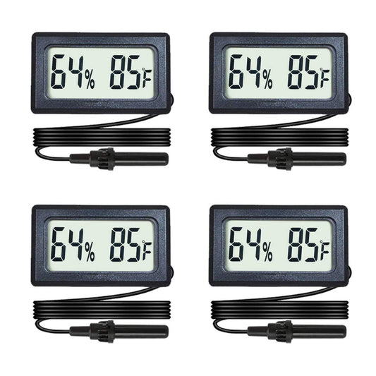 4-Pack Mini Digital Hygrometer Thermometer Gauge with Probe LCD Display Temperature Fahrenheit Humidity Meter for Incubator Reptile Plant Terrarium Sealed Containers Guitar Case