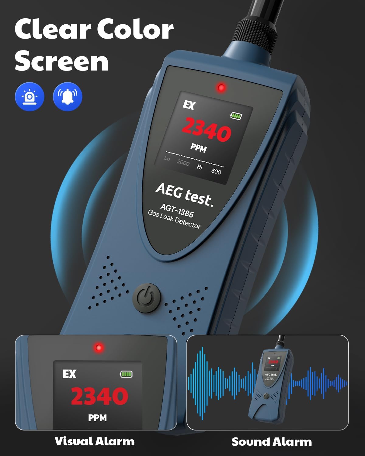 AGT-1385 Gas Leak Detector, Natural Gas Detector with 6.8-Inch Neck, Color Display, Visual & Audible Alarms for Methane, Propane & Other Combustible Leaks for Home & RV (Includes 2 Batteries)