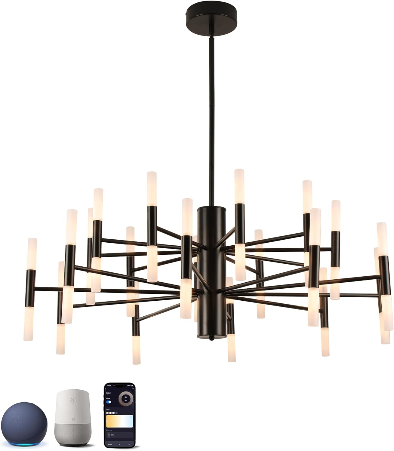 Modern Sputnik Chandelier Mid Century Black Chandeliers for Dining Room Living Room Kitchen Bedroom Support APP Voice Control Dimmable Smart LED Light Fixture(GB1337YY40-BK)