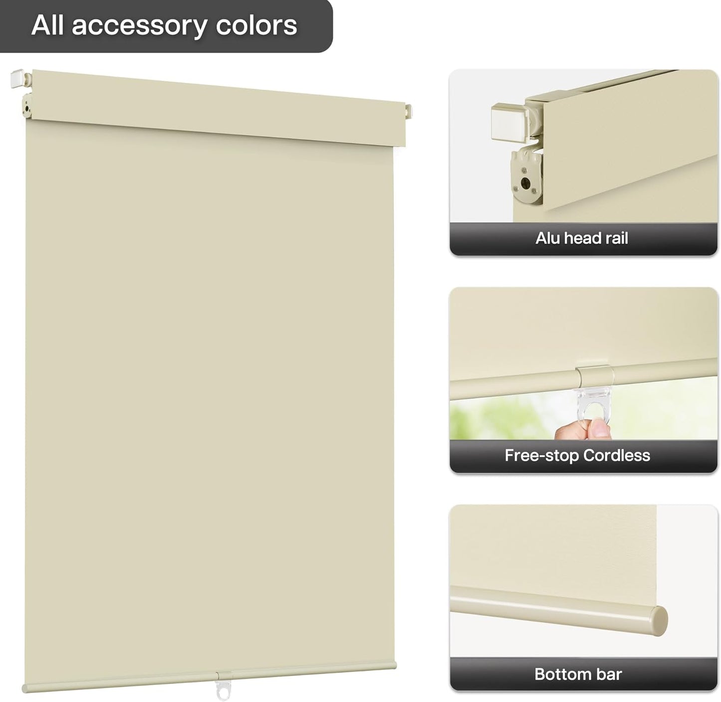 LazBlinds No Drill Blinds for Indoor Windows, Blackout Roller Shades, Cordless Window Blackout Blinds, Thermal Insulated Fabric UV Protection for Home and Office, 33" W x 72" H, Beige