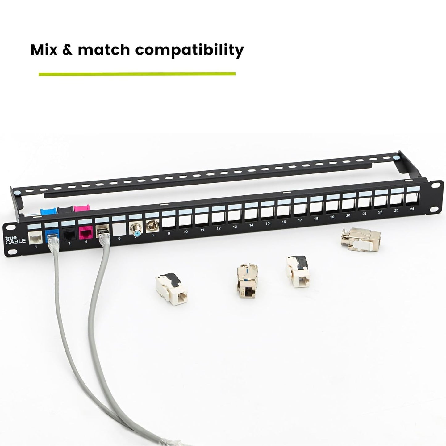 trueCABLE Shielded 24 Port 19” Toolless Modular Patch Panel, Blank, 1U Rack Mount, with Cable Management Bar and Ground Wire, High Density, Black