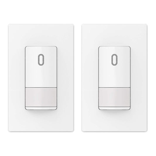 ELEGRP Single Pole Occupancy Motion Sensor Light Switch, PIR Infrared Motion Activated Switch, Need Grounding Wire, No Neutral Wire, for CFL/LED/Incandescent, with Plate, UL(2 Pack, Matte White)
