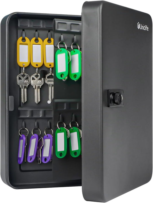 Uniclife 60 Position Key Cabinet with Combination Lock Resettable Black Digital Security Storage Box Steel Key Organizer with Colorful Key Tag Labels Stickers and Hooks