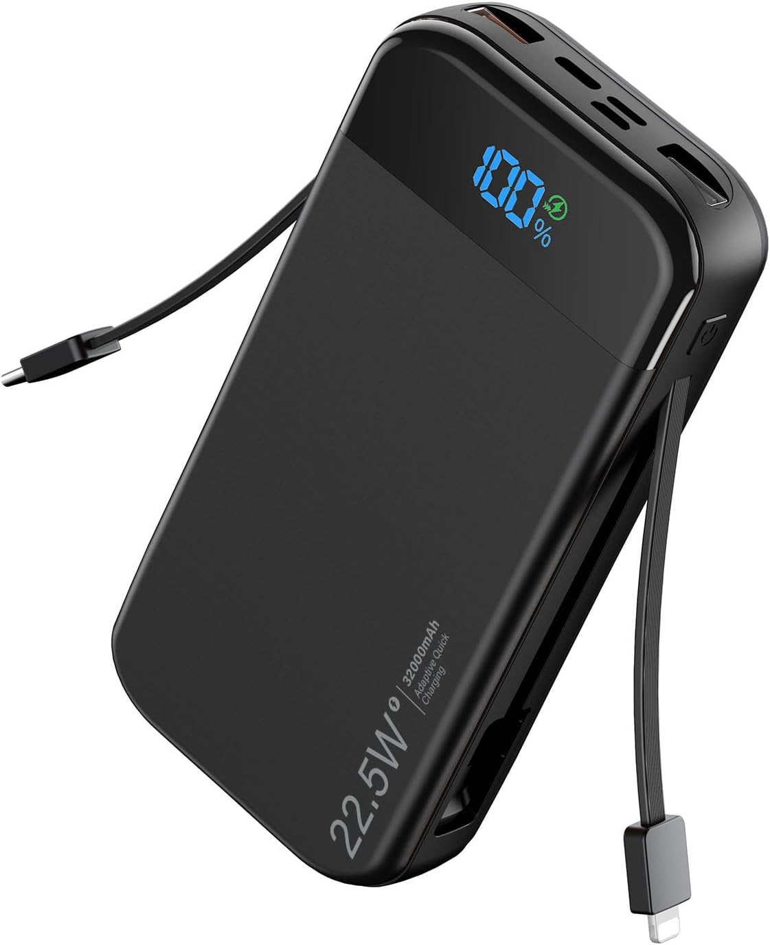 Portable Charger Power Bank Built-in Cables, 32000mAh 22.5W USB C Fast Charging, 5 Outputs 3 Inputs Travel Essentials Battery Pack Compatible with iPhone, iPad, Samsung, Google Pixel, Black